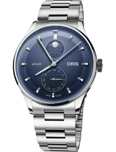 Oris Artelier wristwatch with stainless steel case and bracelet, and midnight blue dial.