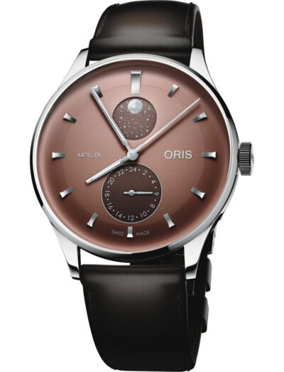 Oris Artelier wristwatch with stainless steel case, chestnut dial, and black leather strap.