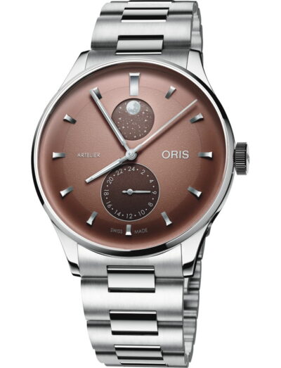 Oris Artelier wristwatch with stainless steel case and bracelet, and chestnut dial.