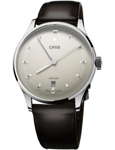 Oris Artelier Date wristwatch with stainless steel case, white dial, and dark brown leather strap.
