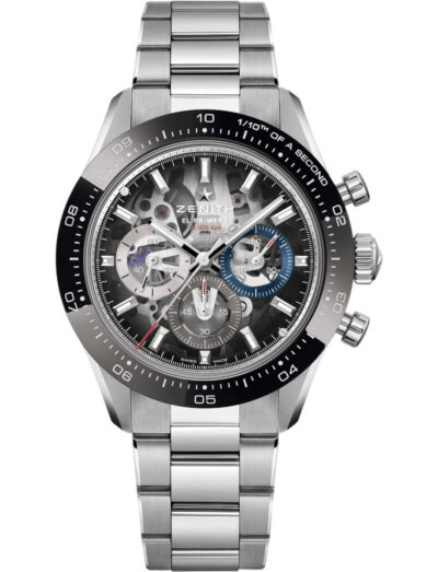 Zenith Chronomaster Sport Skeleton wristwatch with stainless steel case with black ceramic bezel, openworked dial with tinted sapphire with three different-coloured counters, and stainless steel bracelet.