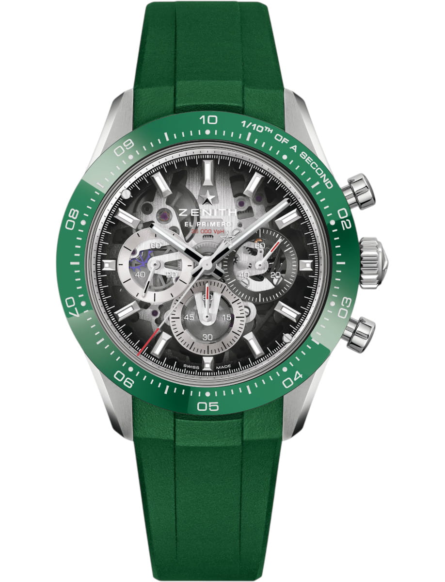 Zenith Chronomaster Sport Skeleton wristwatch with stainless steel case with green ceramic bezel, openworked dial with tinted sapphire with three different-coloured counters, and additional green rubber strap.