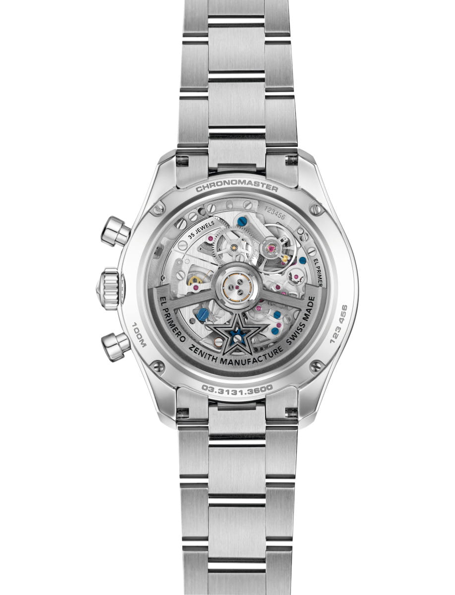 Back view of Zenith Chronomaster Sport Skeleton wristwatch with stainless steel case with green ceramic bezel, transparent case back, and stainless steel bracelet.