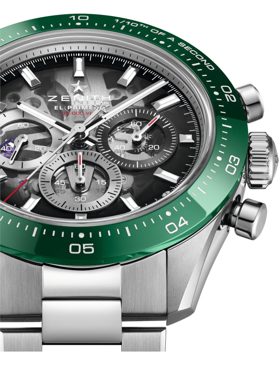 Close view of Zenith Chronomaster Sport Skeleton wristwatch with stainless steel case with green ceramic bezel, openworked dial with tinted sapphire with three different-coloured counters, and stainless steel bracelet.