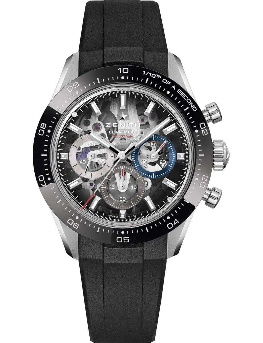 Zenith Chronomaster Sport Skeleton wristwatch with stainless steel case with black ceramic bezel, openworked dial with tinted sapphire with three different-coloured counters, and additional black rubber strap.