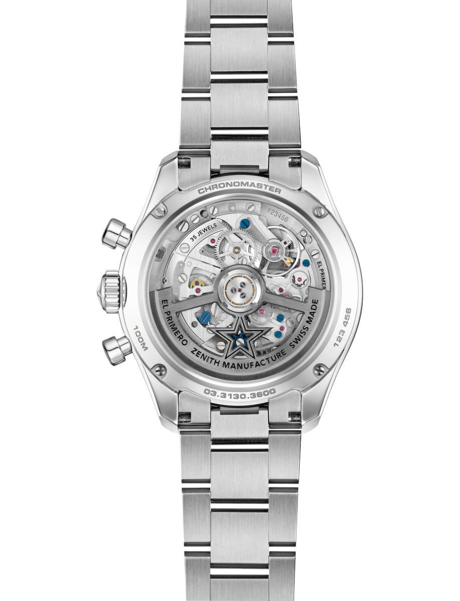 Back view of Zenith Chronomaster Sport Skeleton wristwatch with stainless steel case with black ceramic bezel, transparent case back, and stainless steel bracelet.