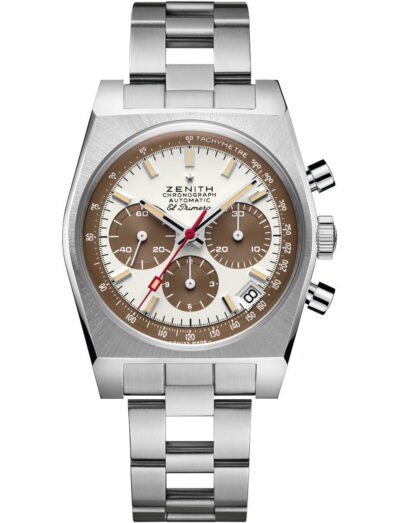 Zenith CHRONOMASTER Revival A384 wristwatch with stainless steel case and bracelet, and "chocolate panda" dial.