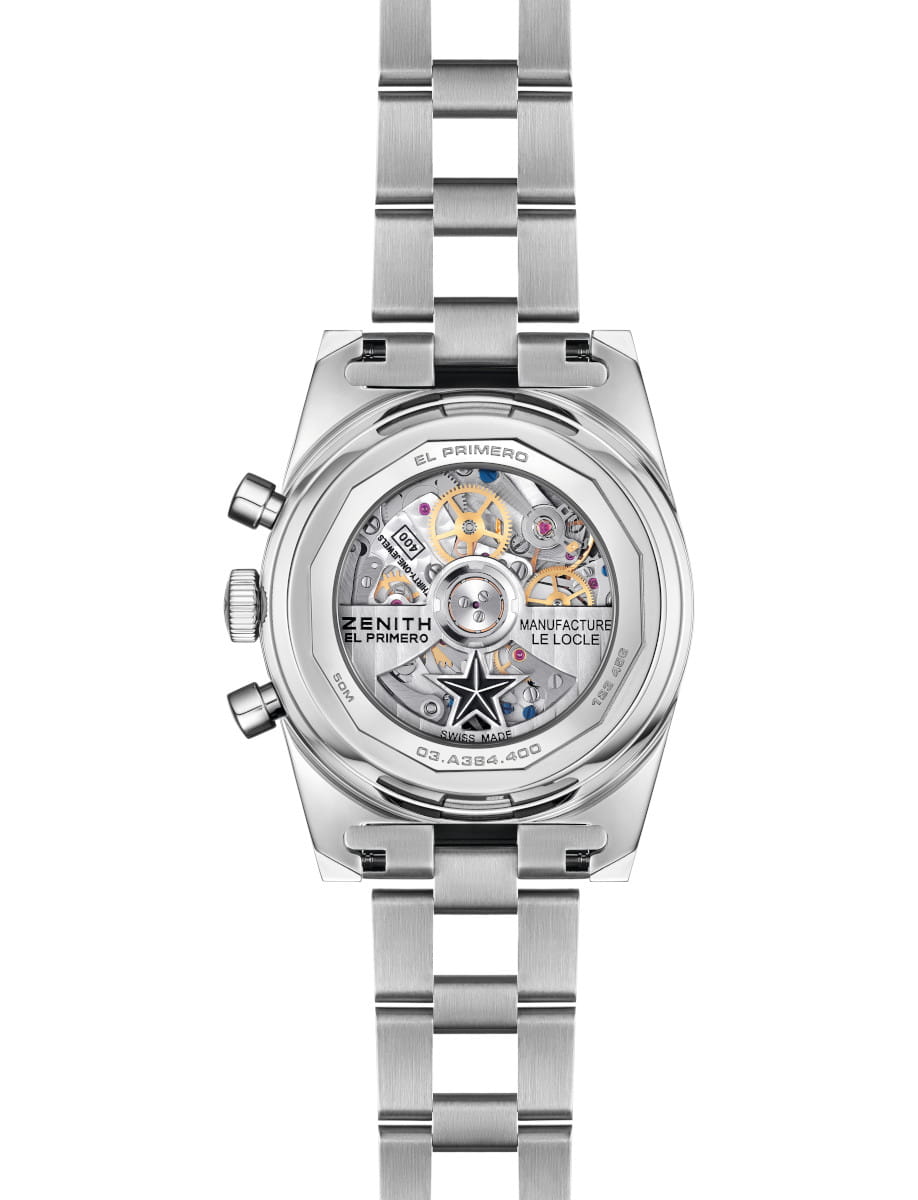 Back view of Zenith CHRONOMASTER Revival A384 wristwatch with stainless steel case and bracelet, and open case back.