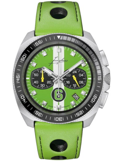 Junghans 1972 Chronoscope Sports Edition 2026 wristwatch with stainless steel case, matt green dial with white vertical double stripe, and green leather strap.