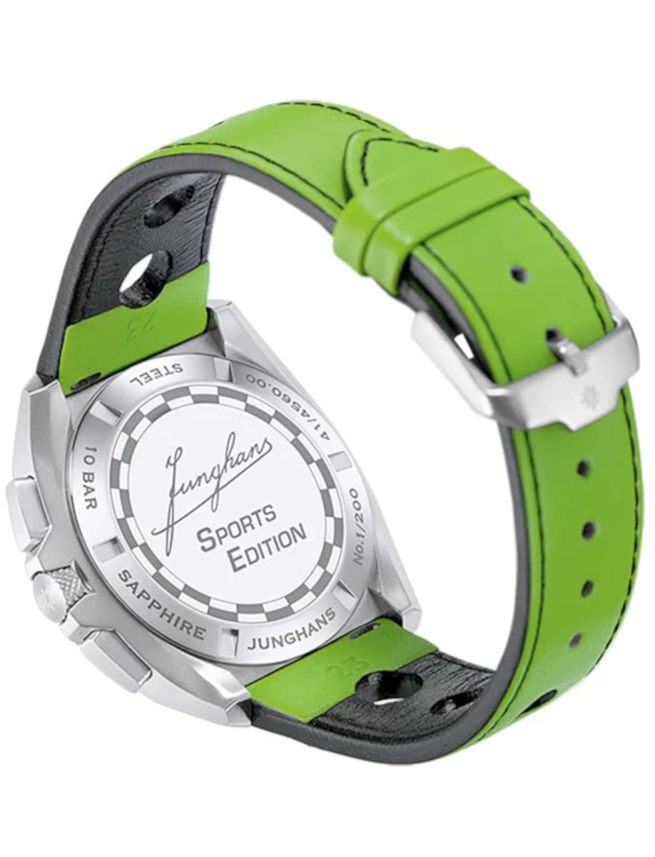 Back view of Junghans 1972 Chronoscope Sports Edition 2026 wristwatch with stainless steel case, matt green dial with white vertical double stripe, and green leather strap.