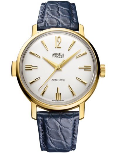 Angelus Tinkler wristwatch with 18k yellow gold, white dial, and ink blue alligator flank leather.