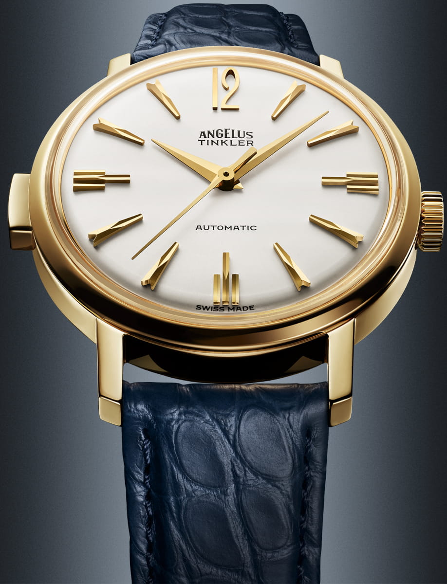 Front view of Angelus Tinkler wristwatch with 18k yellow gold, white dial, and ink blue alligator flank leather.
