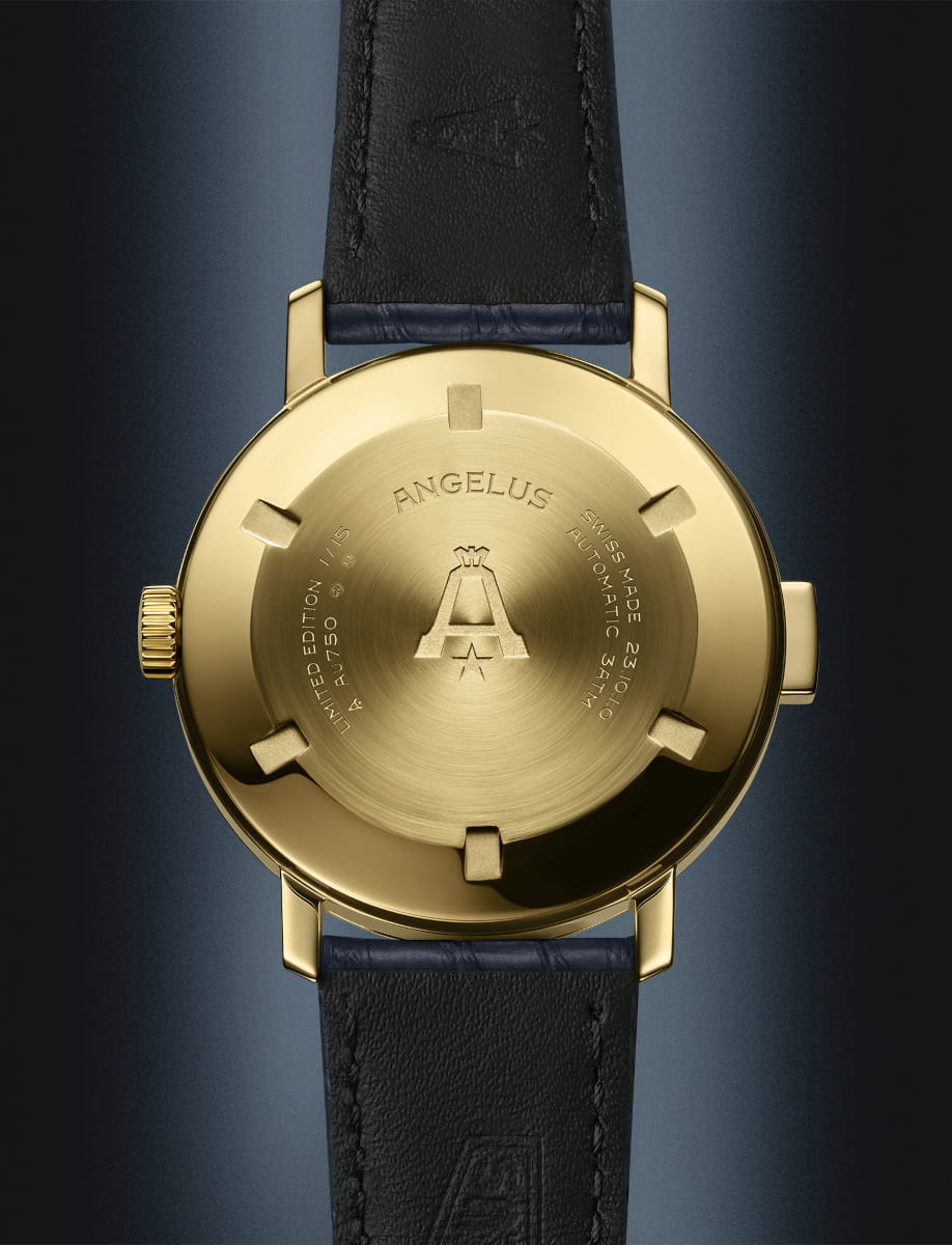Front view of Angelus Tinkler wristwatch with 18k yellow gold, screw-down caseback, and ink blue alligator flank leather.