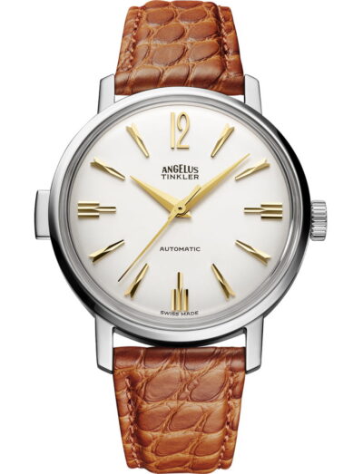 Angelus Tinkler wristwatch with stainless steel case, white dial, and saddle brown alligator flank leather.