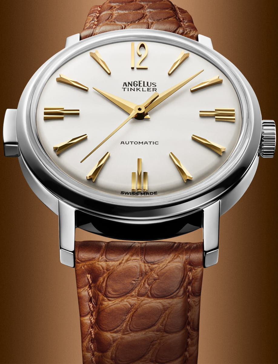 Front view of Angelus Tinkler wristwatch with stainless steel case, white dial, and saddle brown alligator flank leather.