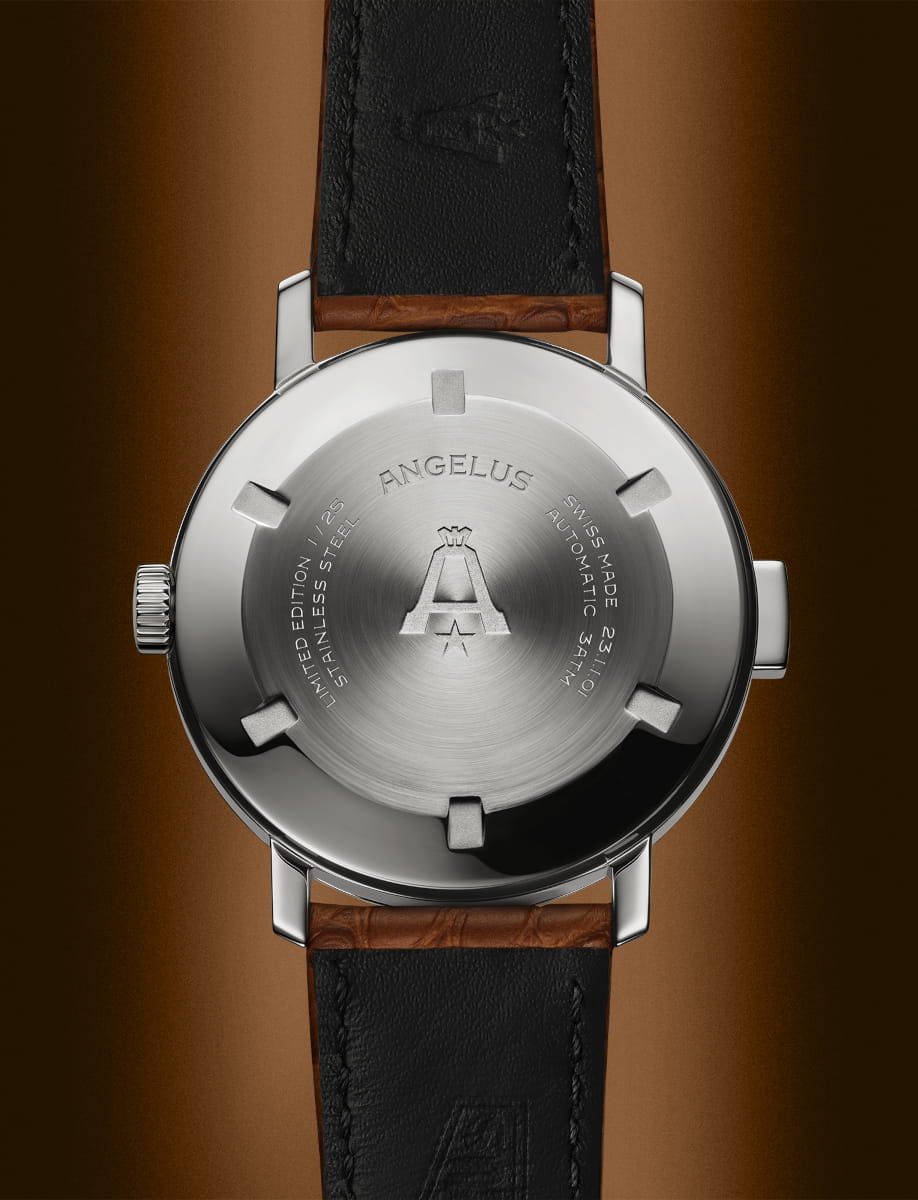 Back view of Angelus Tinkler wristwatch with stainless steel case, screw-down caseback, and saddle brown alligator flank leather.