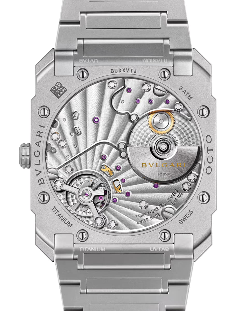 Back view of Bulgari wristwatch with sandblasted titanium case and bracelet and opaline titanium dial