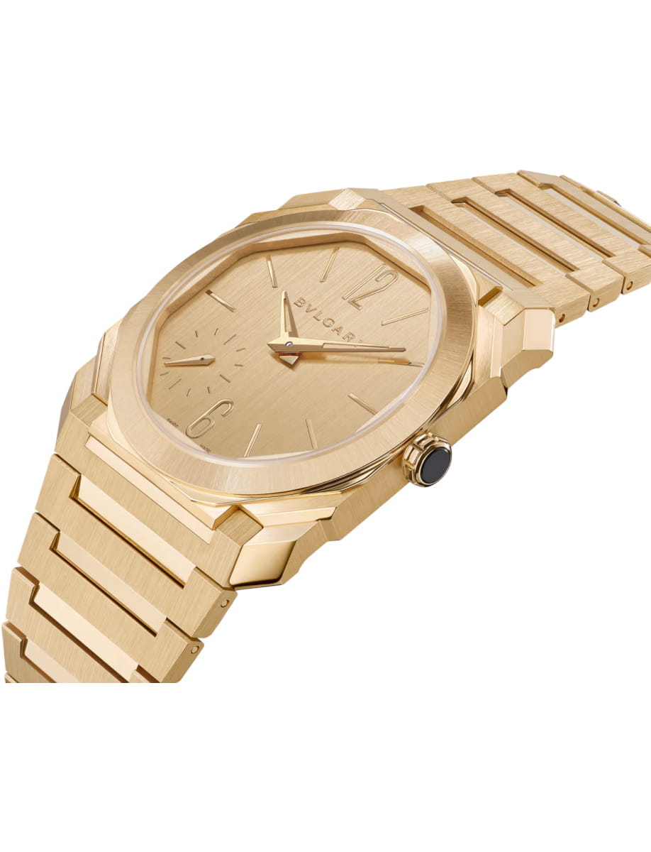 Side view of Bulgari wristwatch with yellow gold case and bracelet and yellow gold dial