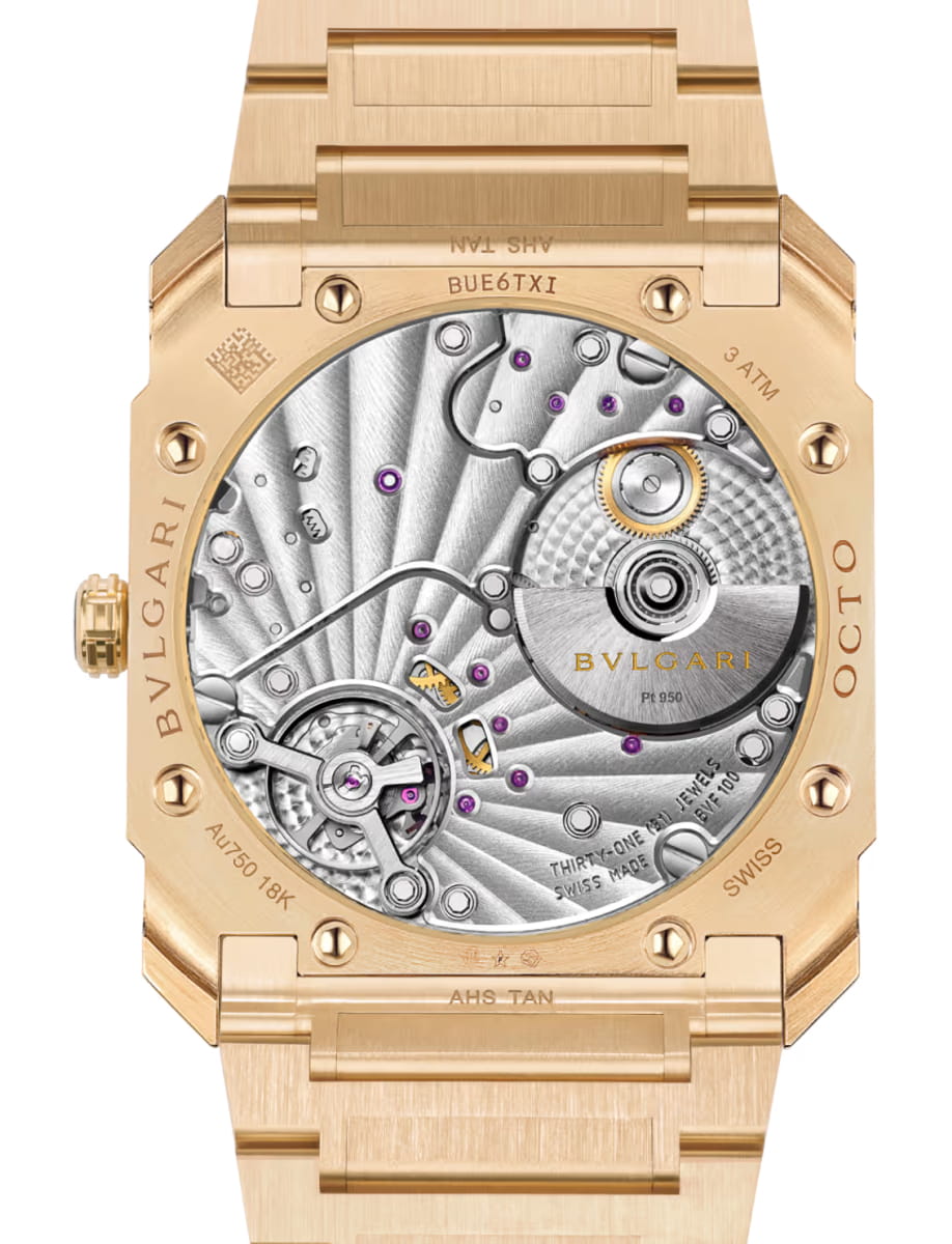 Back view of Bulgari wristwatch with yellow gold case and bracelet and yellow gold dial