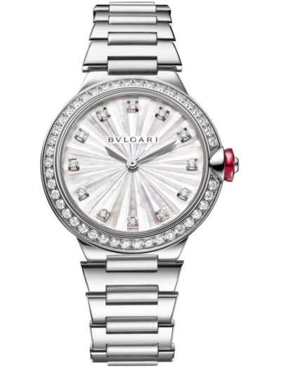 Bulgari Lvcea watch in polished and stain-brushed stainless steel with automatic movement, diamond-set bezel, mother-of-pearl marquetry dial and 12 diamond indexes.