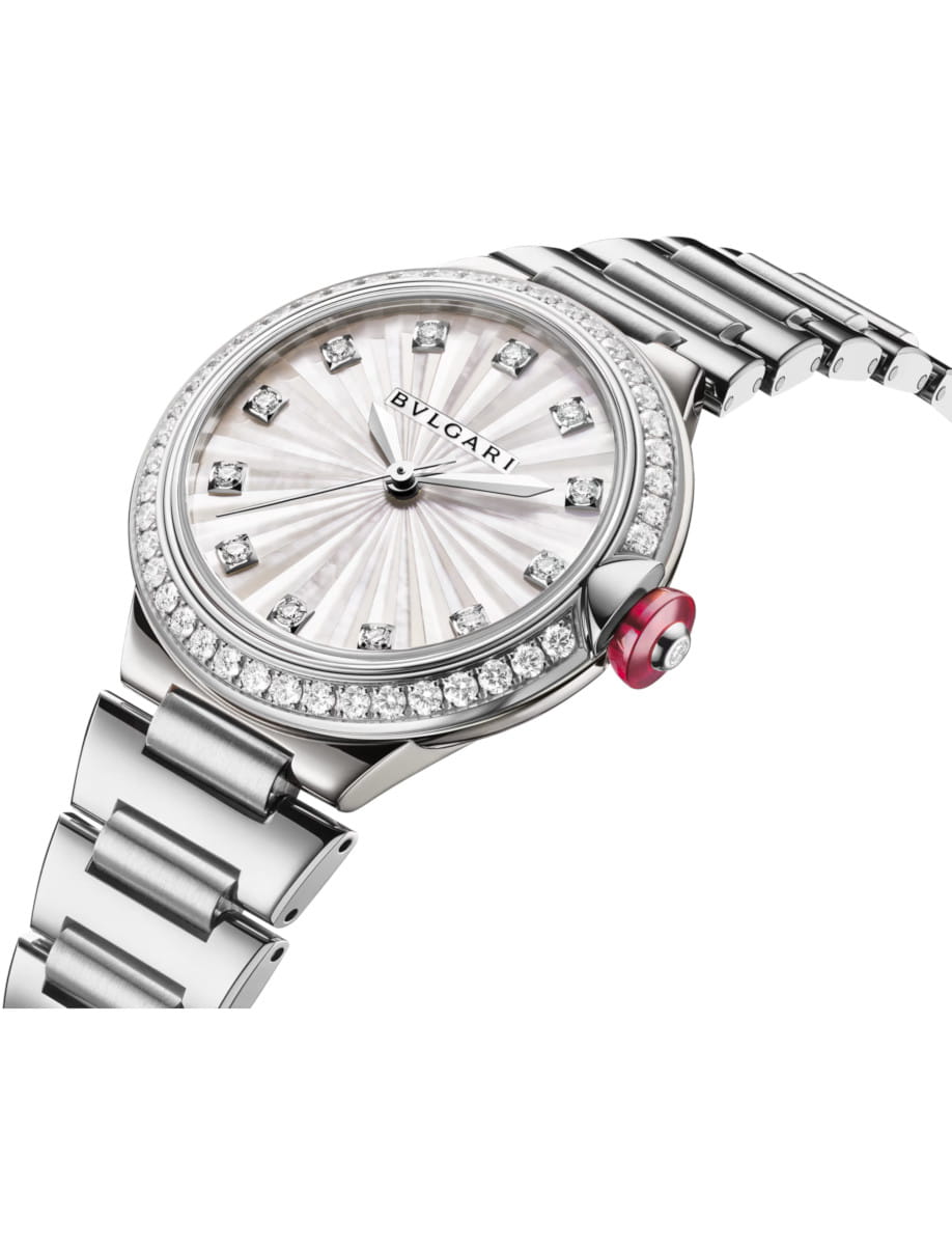 Front side view of Side view of Bulgari Lvcea watch in polished and stain-brushed stainless steel with automatic movement, diamond-set bezel, mother-of-pearl marquetry dial and 12 diamond indexes.