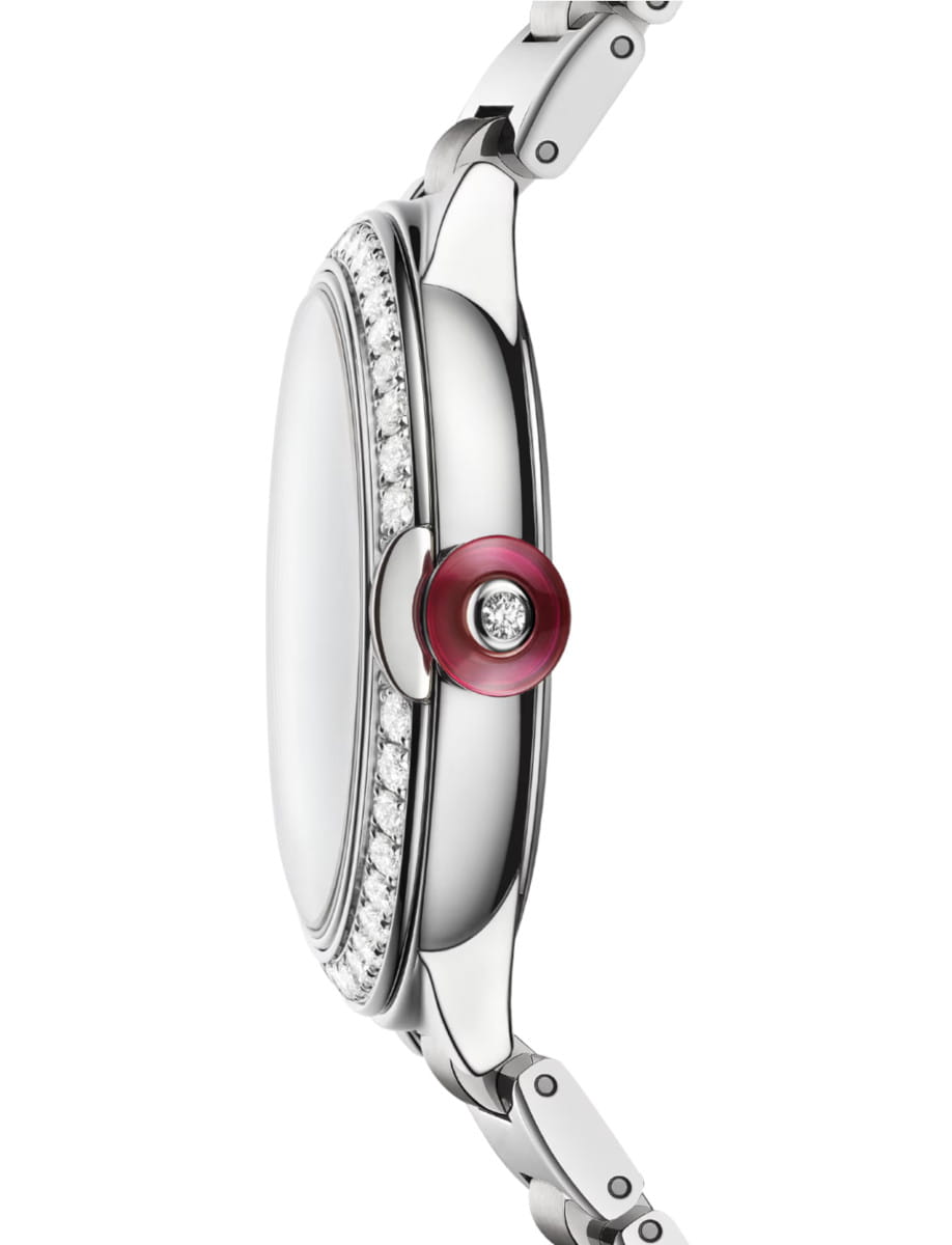 Side view of Bulgari Lvcea watch in polished and stain-brushed stainless steel with automatic movement, diamond-set bezel, mother-of-pearl marquetry dial and 12 diamond indexes.