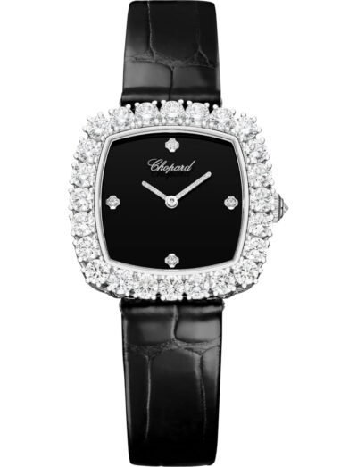 Chopard wristwatch with 18K ethical white gold case, black dial and black alligator strap