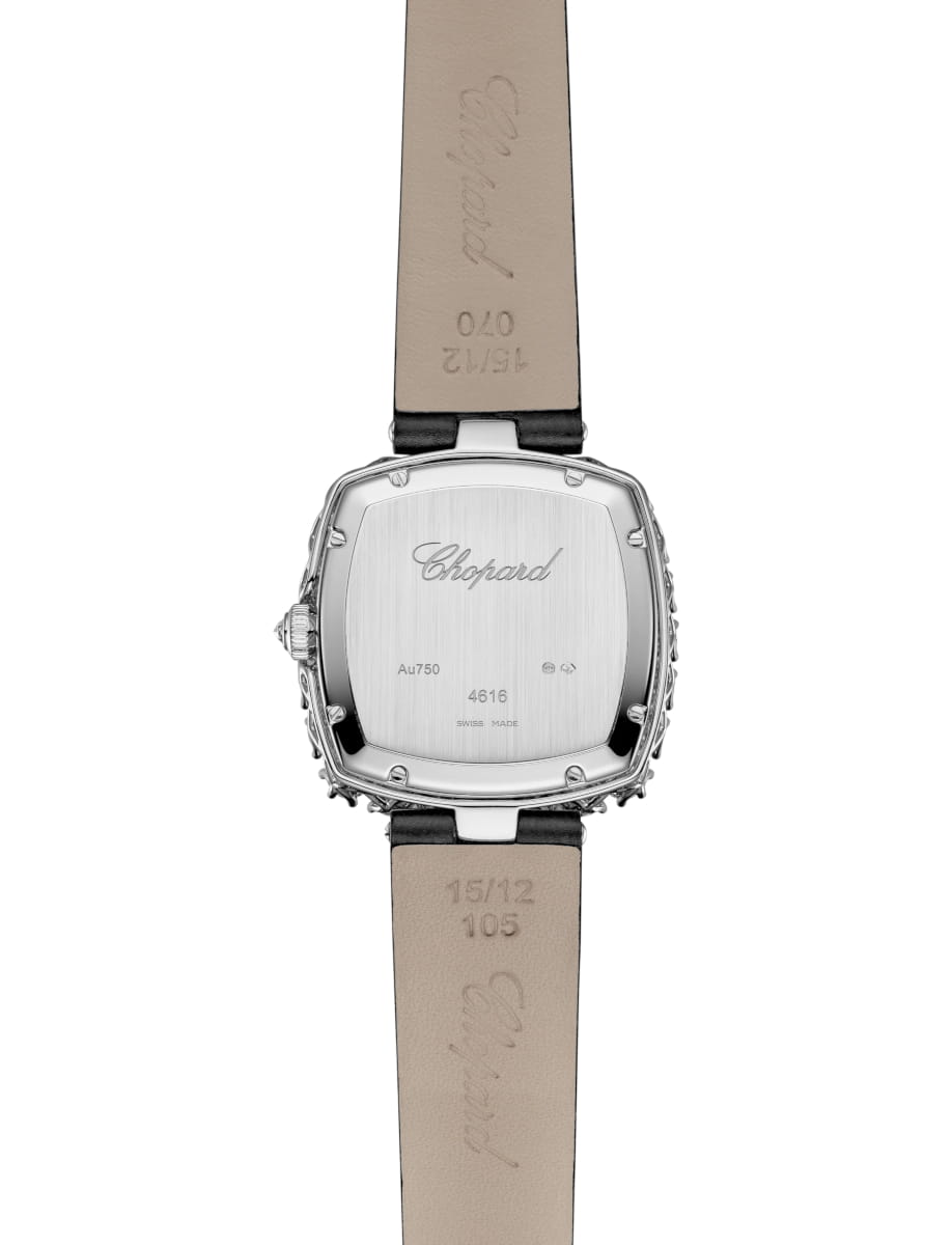 Back view of Chopard wristwatch with 18K ethical white gold case, black dial and black alligator strap