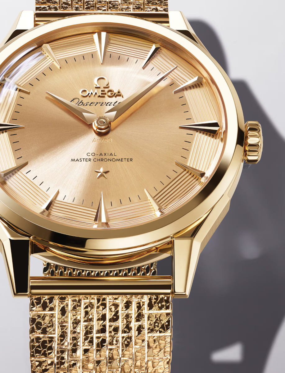 Front view of Constellation Observatory wristwatch with Moonshine™ gold case, dial and bracelet