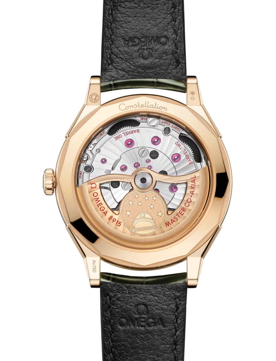 Back view of Constellation Observatory wristwatch with Moonshine™ gold case and dial, green Alligator leather and transparent caseback.