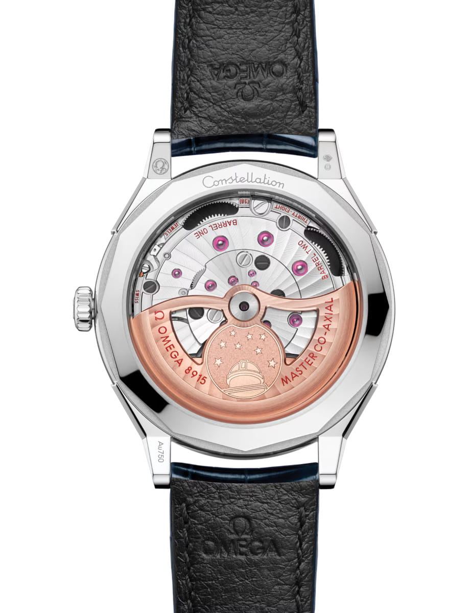 Back view of Constellation Observatory wristwatch with Canopus Gold™ case and dial, and Blue alligator leather strap.