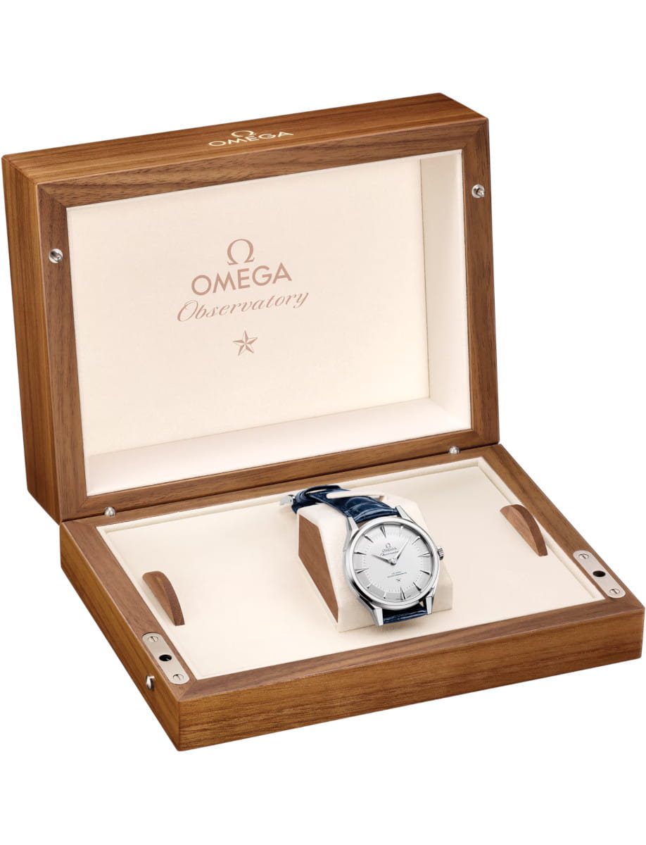 Box view of Constellation Observatory wristwatch with Canopus Gold™ case and dial, and Blue alligator leather strap.