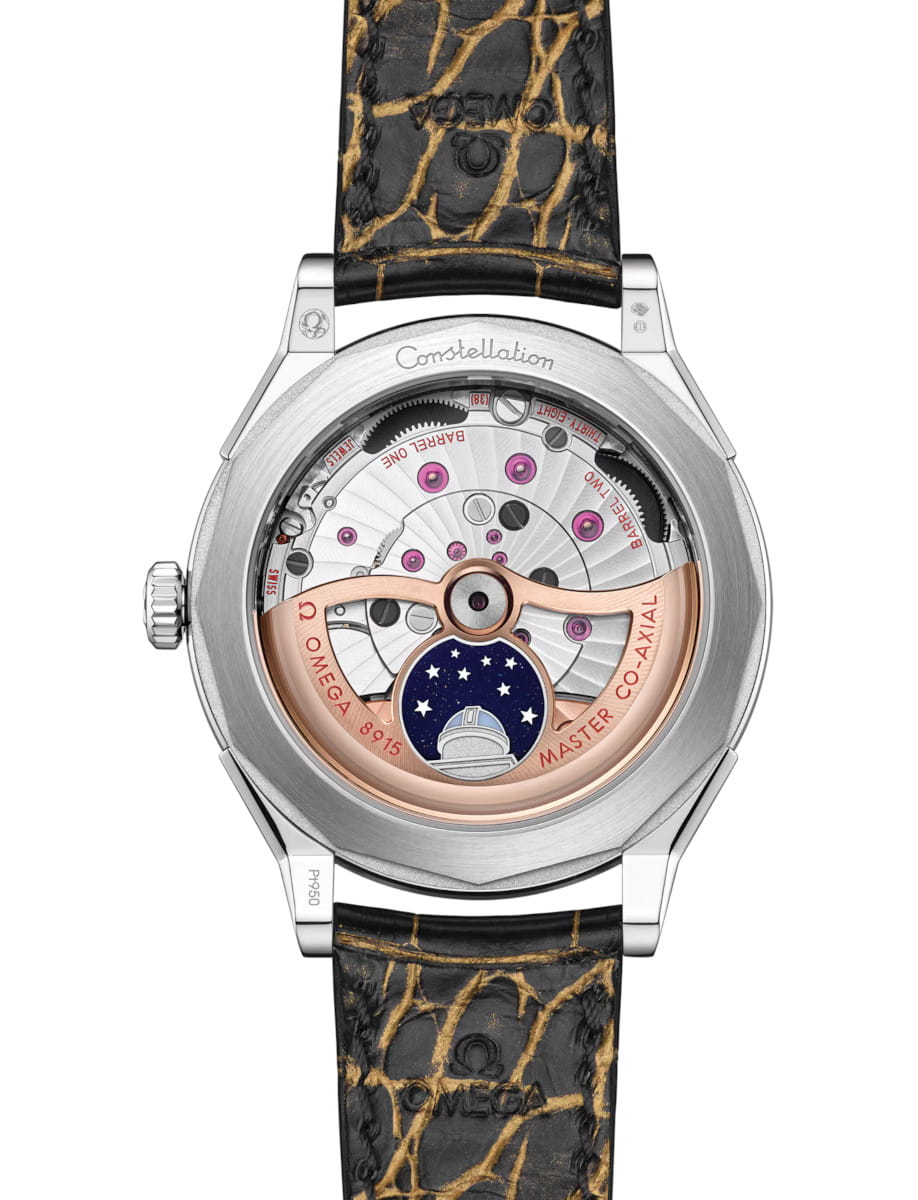 Back view of Constellation Observatory wristwatch with Platinum‑gold case, yellow dial, and black alligator leather strap.