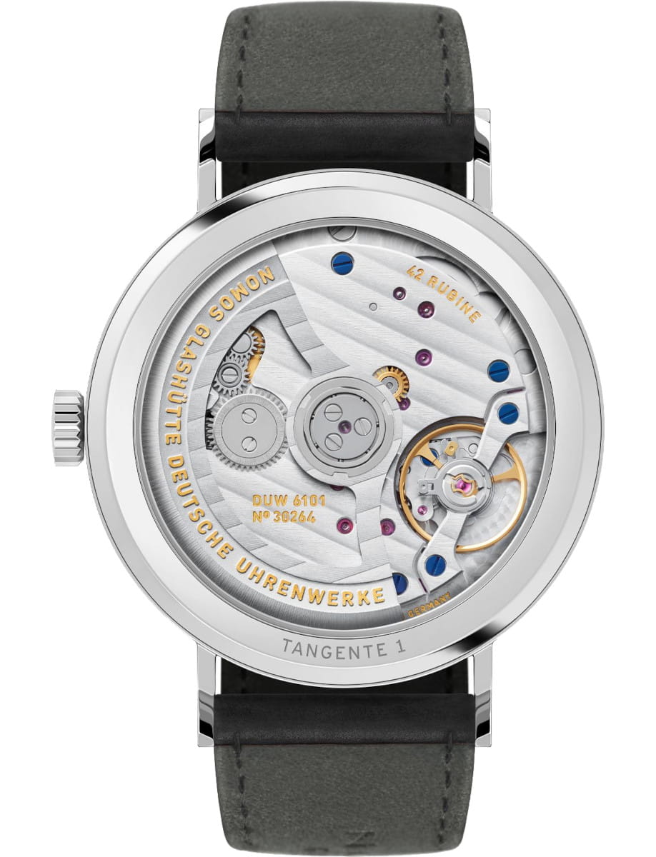 Back view of Nomos Tangente neomatik 38 Update wristwatch with stainless steel case, open caseback, and black Horween Genuine Shell Cordovan strap.