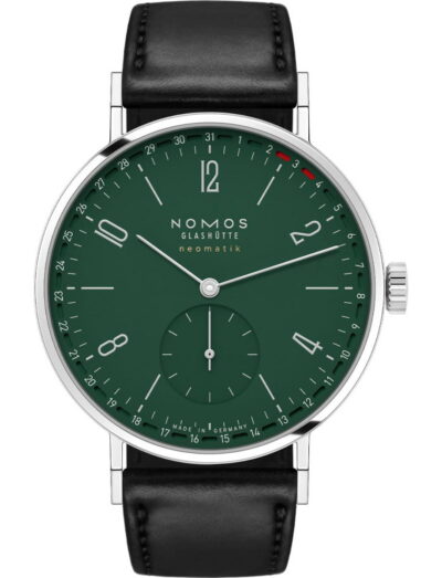 Nomos Tangente neomatik 38 Update forest green wristwatch with stainless steel case, green dial, and black Horween Genuine Shell Cordovan strap.