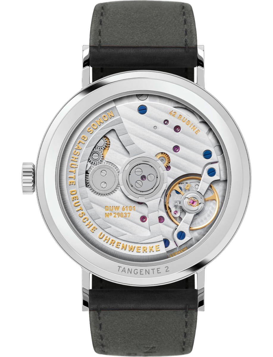 Back view of Nomos Tangente neomatik 38 Update forest green wristwatch with stainless steel case, open caseback, and black Horween Genuine Shell Cordovan strap.