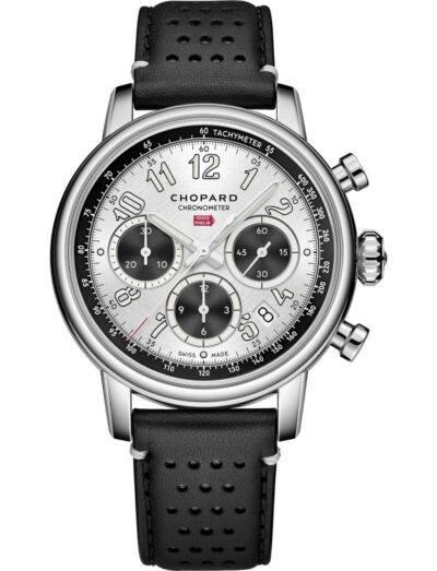 Chopard wristwatch with stainless steel case, silver dial and black calfskin leather strap