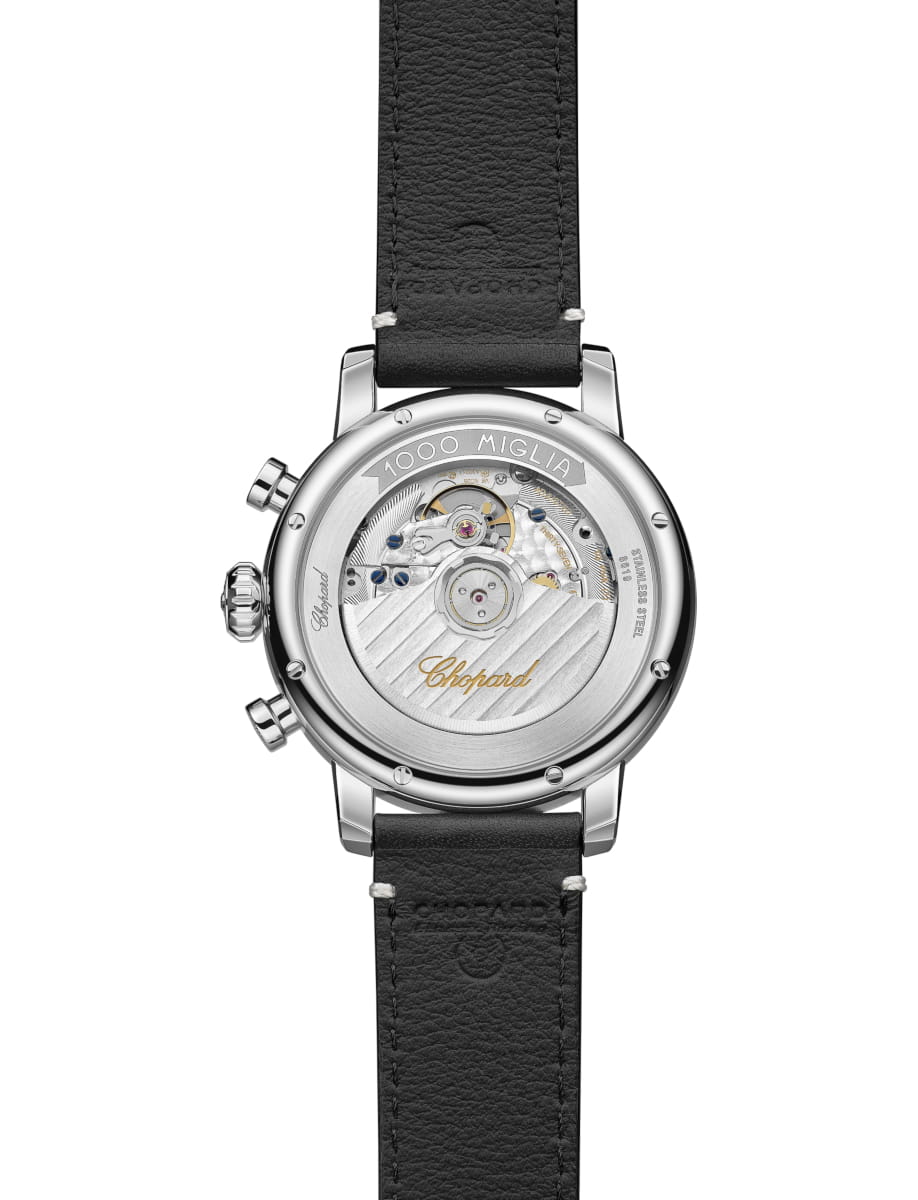 Back view of Chopard wristwatch with stainless steel case, silver dial and black calfskin leather strap