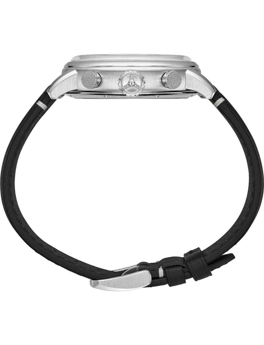 Side view of Chopard wristwatch with stainless steel case, silver dial and black calfskin leather strap