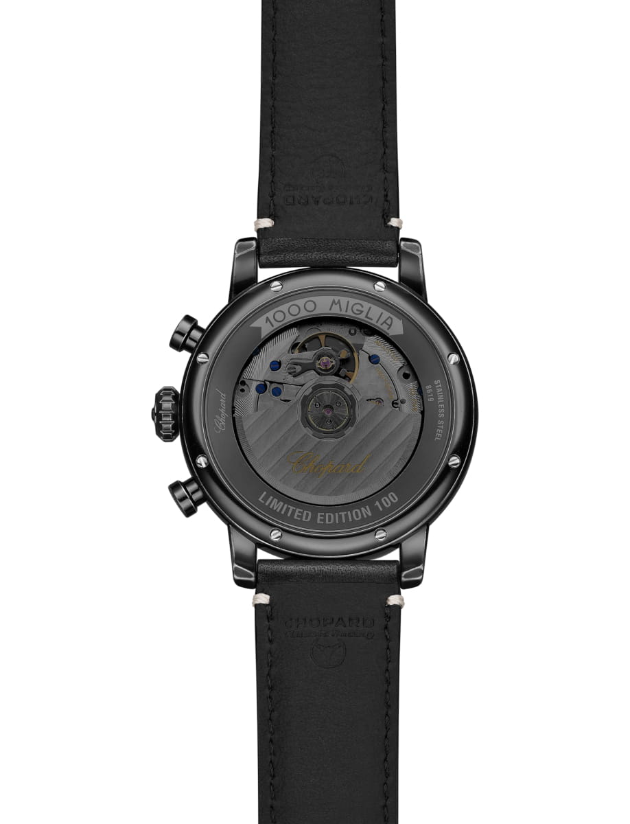 Back view of Chopard wristwatch with stainless steel case, copper-colored dial and black calfskin strap
