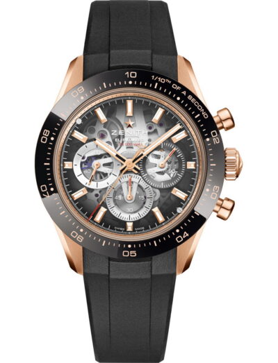 Zenith Chronomaster Sport Skeleton wristwatch with 18k rose gold case with black ceramic bezel, openworked dial with tinted sapphire with three different-coloured counters, and black rubber strap.