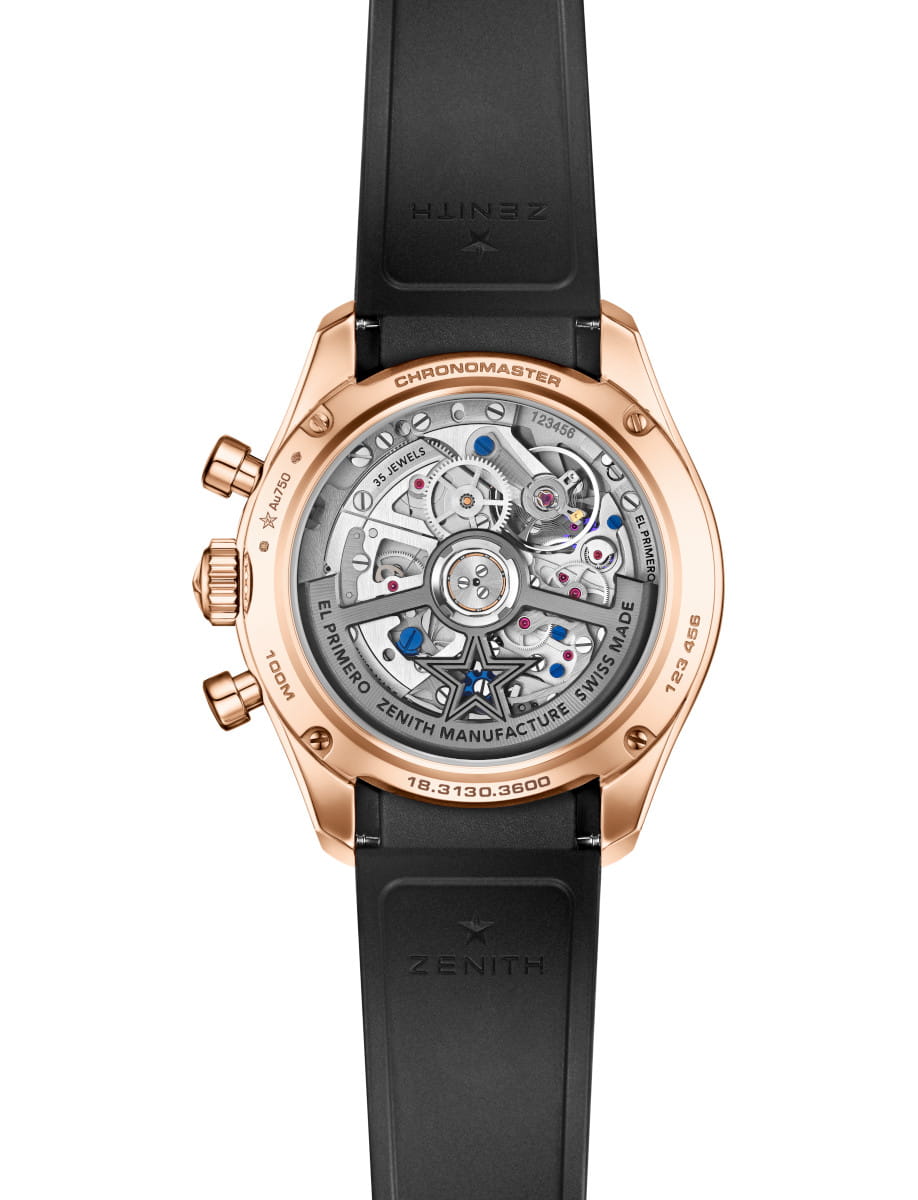 Back view of Zenith Chronomaster Sport Skeleton wristwatch with 18k rose gold case with black ceramic bezel, transparent case back, and black rubber strap.