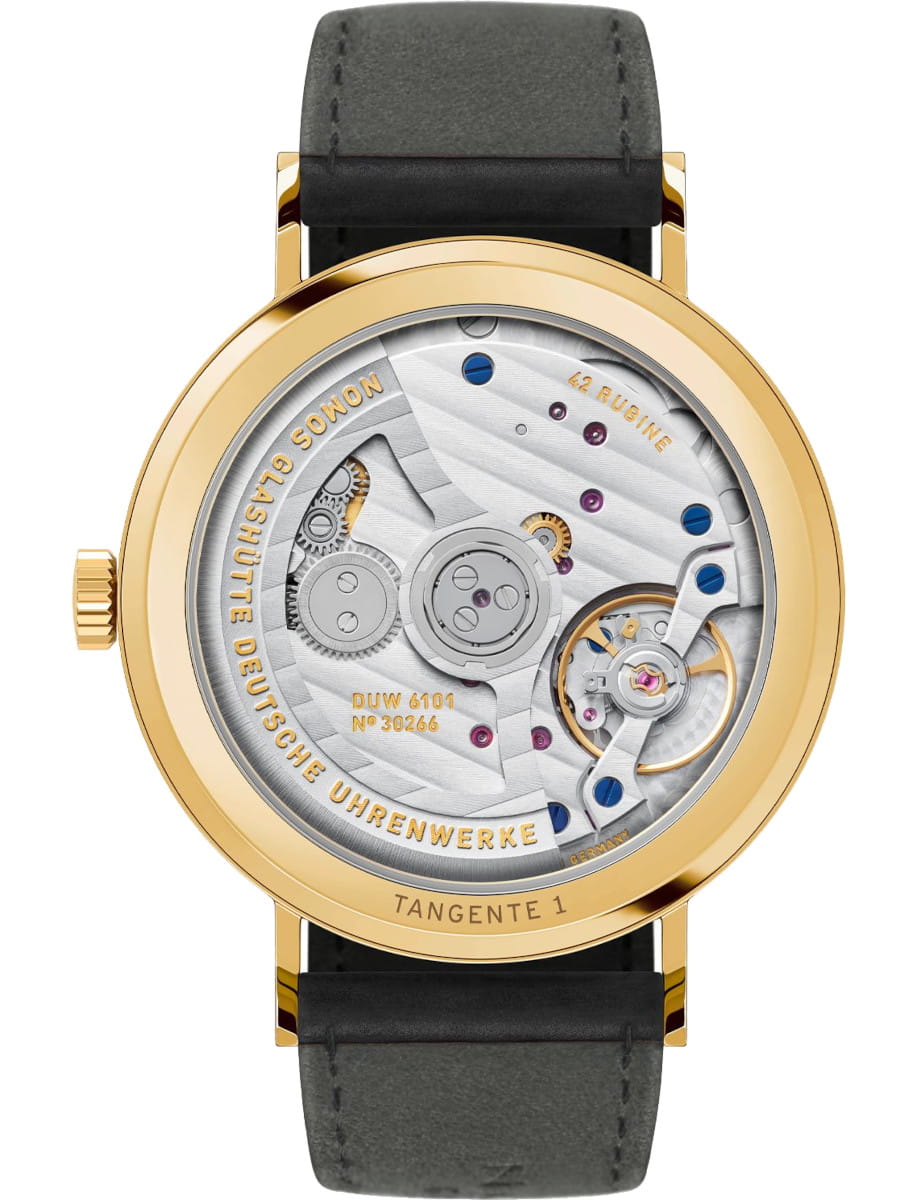 Back view of Nomos Tangente gold neomatik 38 Update wristwatch with 18k gold case, white silver-plated dial, and black Horween Genuine Shell Cordovan strap.
