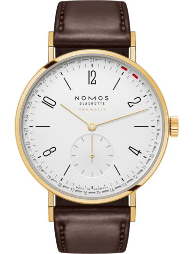 Nomos Tangente gold neomatik 38 Update Doré wristwatch with 18k gold case, white silver-plated dial, and Horween Genuine Shell Cordovan remborde black strap.