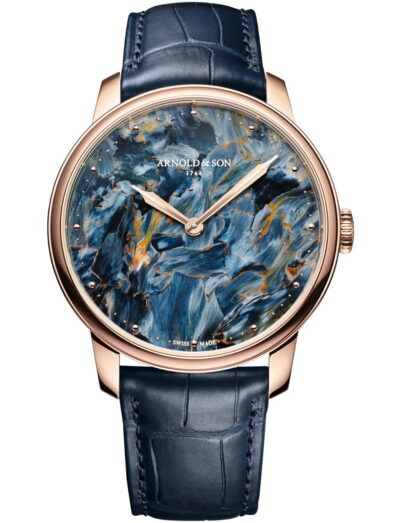 Arnold&Son HM Pietersite wristwatch with 18k red gold case, Namibian pietersite dial, and ink blue alligator leather strap.