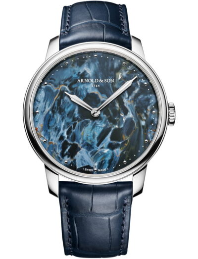 Arnold&Son HM Pietersite wristwatch with stainless steel case, Namibian pietersite dial, and ink blue alligator leather strap.
