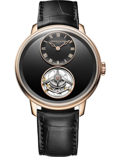 Arnold&Son wristwatch with 5n red gold case, black dial, and black leather strap.