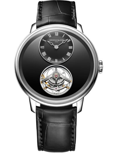 Arnold&Son wristwatch with platinum case, black dial, and black leather strap.