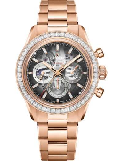 Zenith Chronomaster Sport Skeleton wristwatch with 18k rose gold case with 52 VVS baguette-cut diamonds bezel, openworked dial with tinted sapphire with three different-coloured counters, and 18k rose gold bracelet.