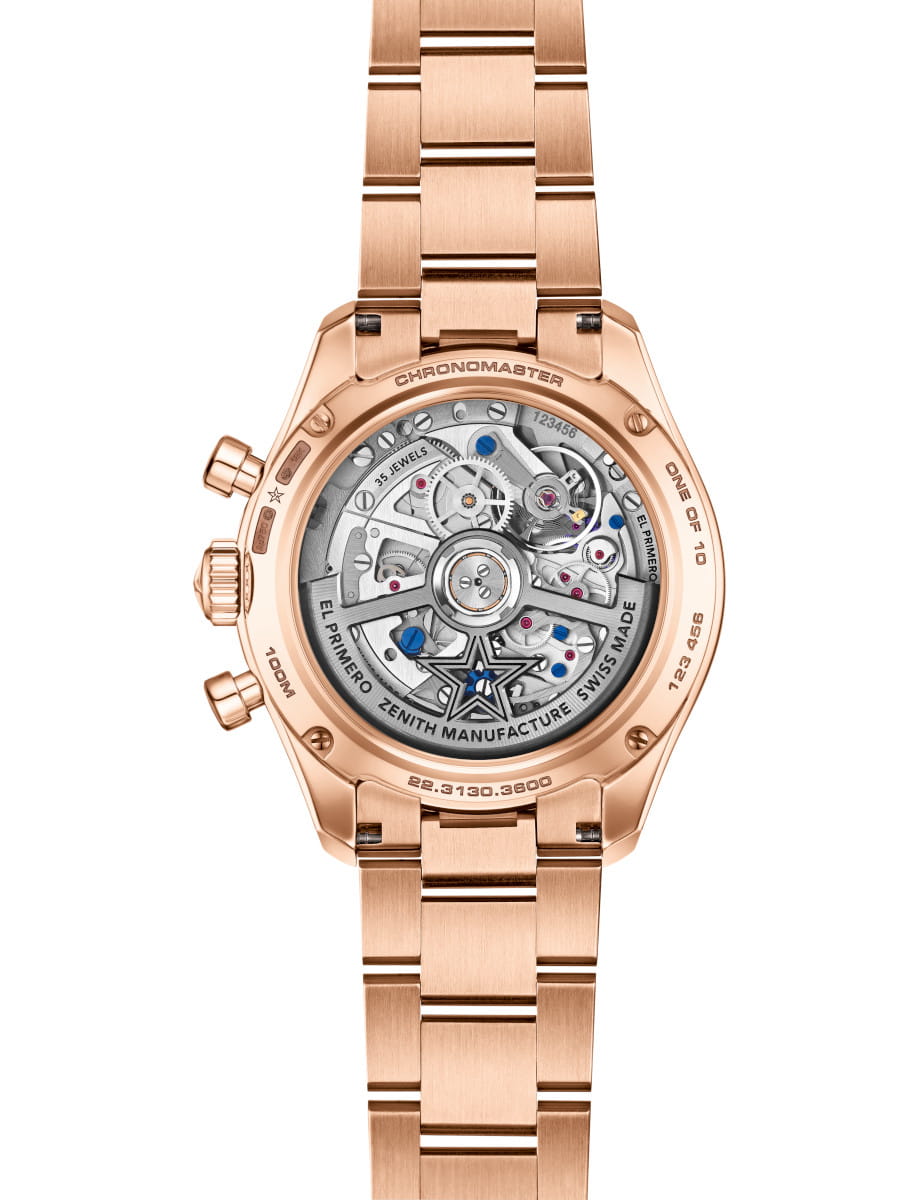 Back view of Zenith Chronomaster Sport Skeleton wristwatch with 18k rose gold case with 52 VVS baguette-cut diamonds bezel, transparent case back, and 18k rose gold bracelet.